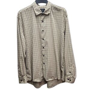G.H. Bass Button Up Shirt Mens XXL Cream Blue Plaid Long Sleeves Casual Work